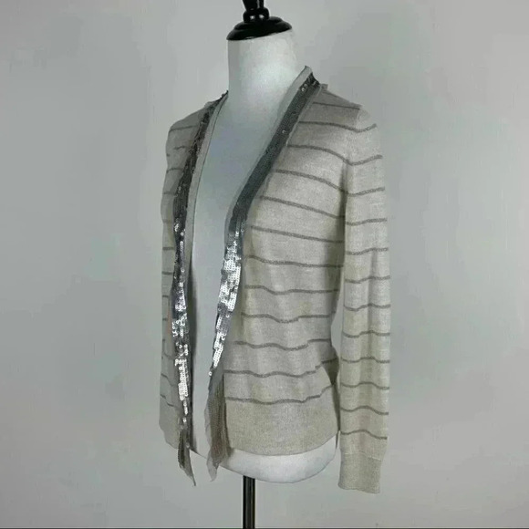 Ann Taylor petites sweater sz MP silver gray metallic 47% wool striped cardigan - Picture 5 of 9